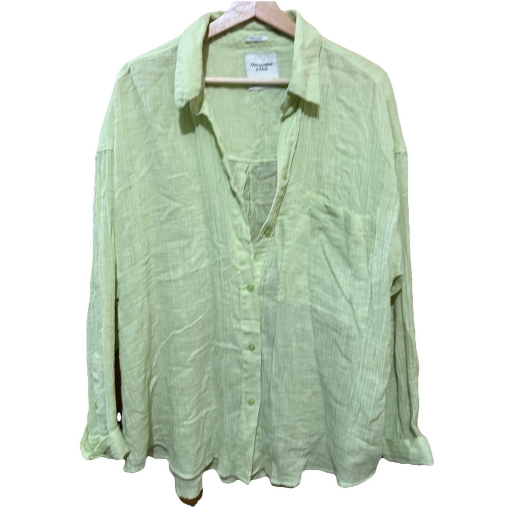 Abercrombie & Fitch Oversized‎ Crinkled Button Up Blouse Large Green EUC - Picture 5 of 5